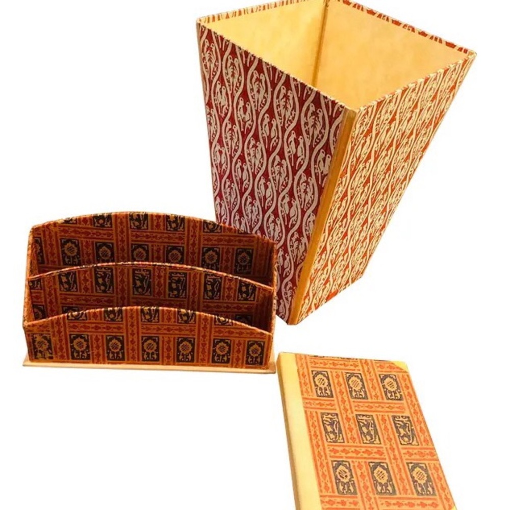 Handmade Italian paper desktop accessories medieval graphic pattern red cream